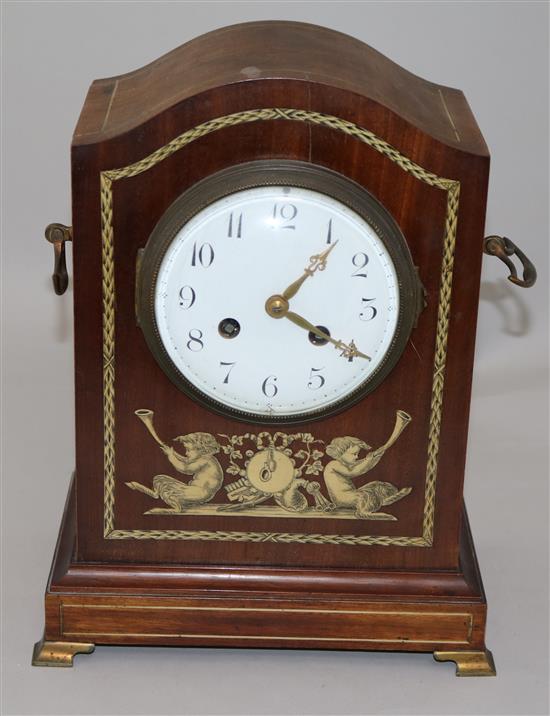 An Edwardian inlaid mahogany mantel clock, 11.5in.